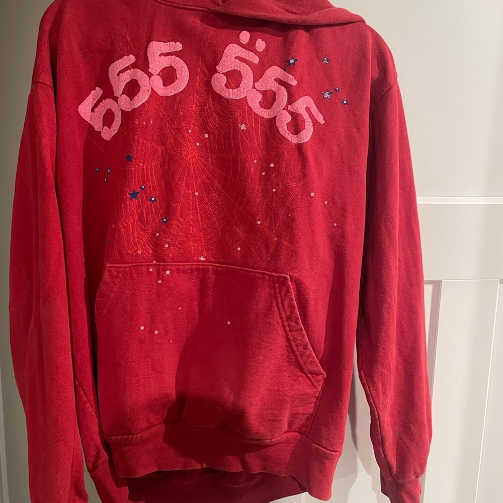 Sp5der Hoodie: Red with Pink 555 Design